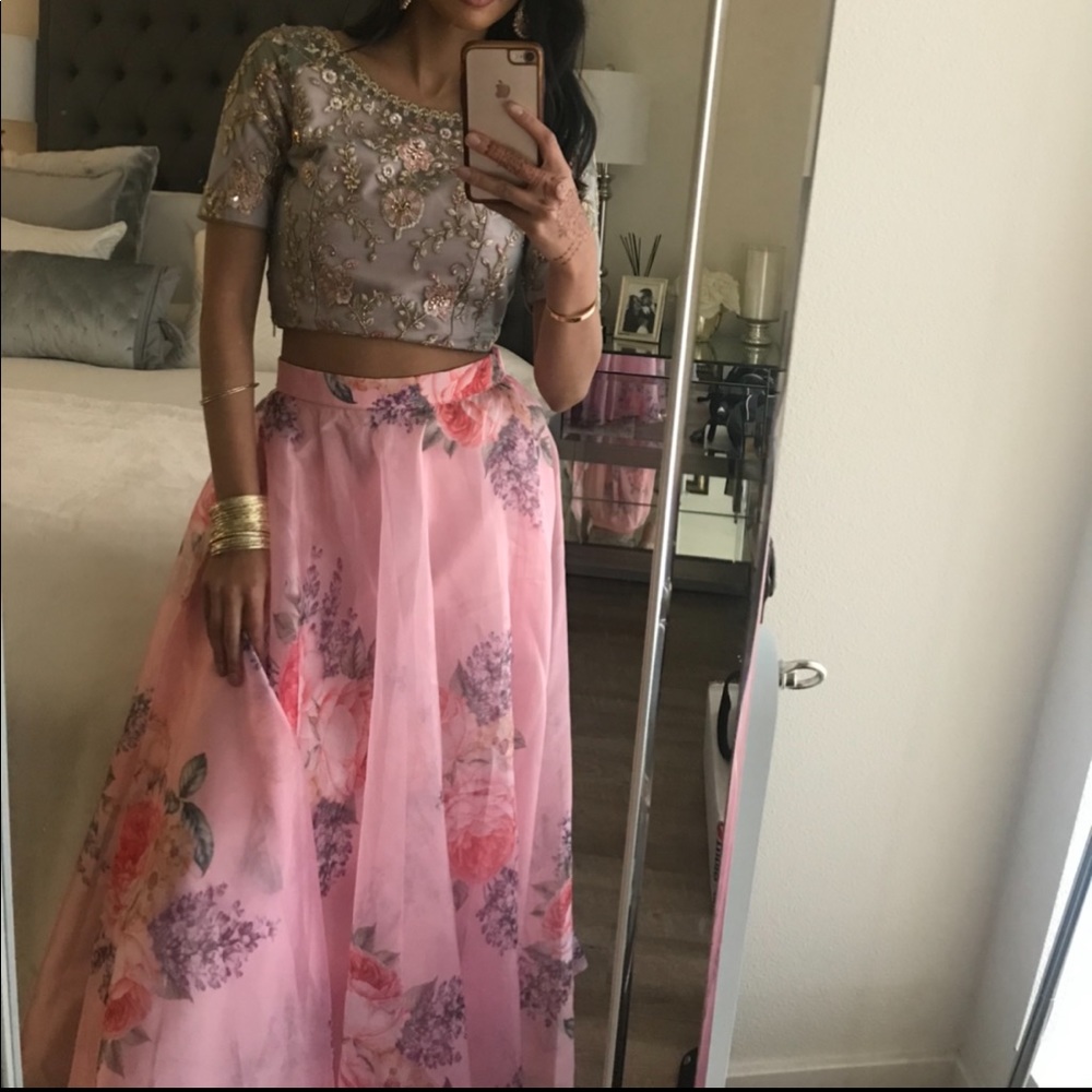 Embroidered Silver Crop Blouse with Pink Floral Lehenga